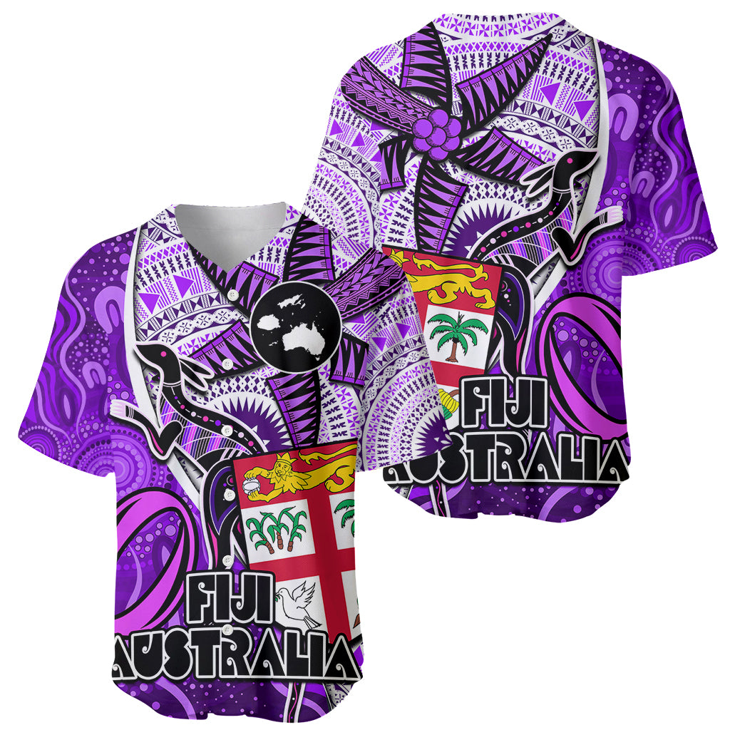 Fiji Australia Rugby Baseball Jersey Kangaroo and Palm Tree Purple Tapa Pattern Mix Aboriginal LT03 - Polynesian Pride