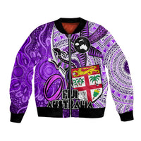 Fiji Australia Rugby Bomber Jacket Kangaroo and Palm Tree Purple Tapa Pattern Mix Aboriginal LT03 Unisex Purple - Polynesian Pride