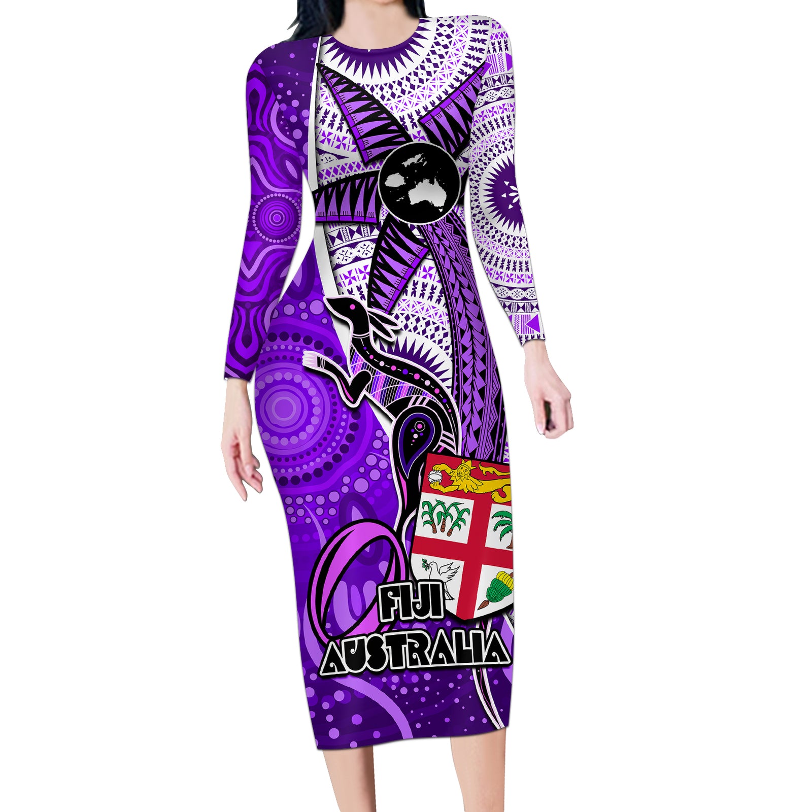 Fiji Australia Rugby Long Sleeve Bodycon Dress Kangaroo and Palm Tree Purple Tapa Pattern Mix Aboriginal LT03 Long Dress Purple - Polynesian Pride