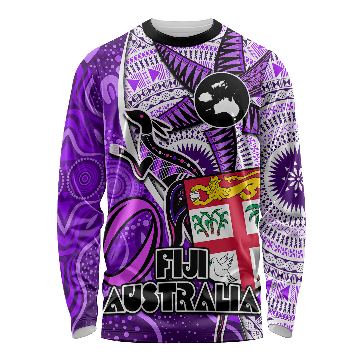 Fiji Australia Rugby Long Sleeve Shirt Kangaroo and Palm Tree Purple Tapa Pattern Mix Aboriginal LT03 Unisex Purple - Polynesian Pride
