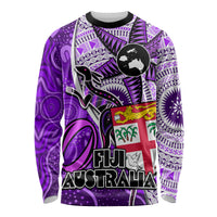 Fiji Australia Rugby Long Sleeve Shirt Kangaroo and Palm Tree Purple Tapa Pattern Mix Aboriginal LT03 Unisex Purple - Polynesian Pride