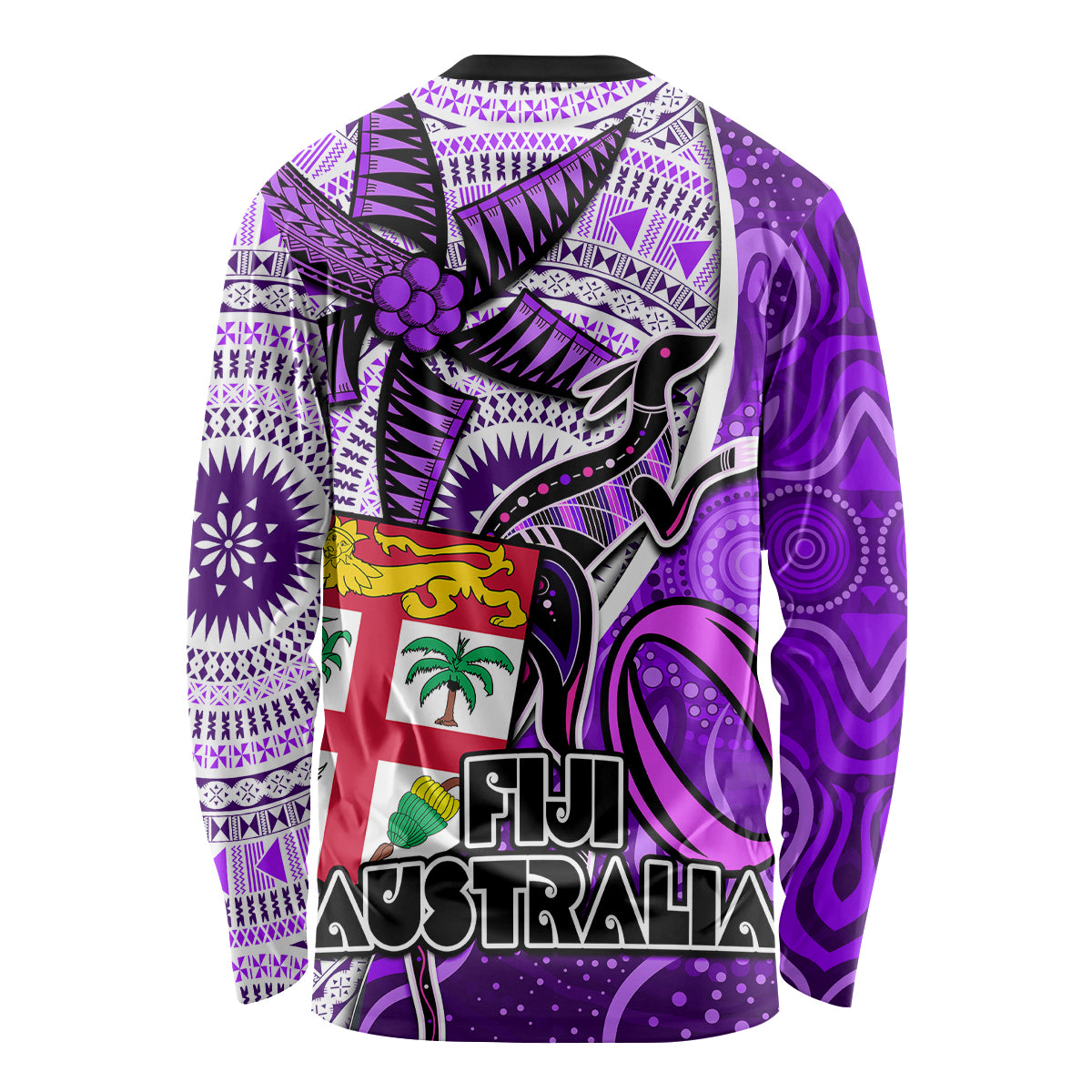 Fiji Australia Rugby Long Sleeve Shirt Kangaroo and Palm Tree Purple Tapa Pattern Mix Aboriginal LT03 - Polynesian Pride