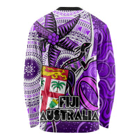 Fiji Australia Rugby Long Sleeve Shirt Kangaroo and Palm Tree Purple Tapa Pattern Mix Aboriginal LT03 - Polynesian Pride