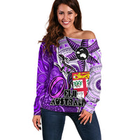 Fiji Australia Rugby Off Shoulder Sweater Kangaroo and Palm Tree Purple Tapa Pattern Mix Aboriginal LT03 Women Purple - Polynesian Pride