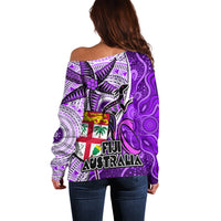 Fiji Australia Rugby Off Shoulder Sweater Kangaroo and Palm Tree Purple Tapa Pattern Mix Aboriginal LT03 - Polynesian Pride