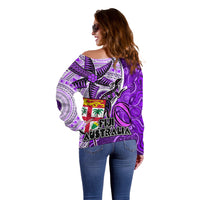 Fiji Australia Rugby Off Shoulder Sweater Kangaroo and Palm Tree Purple Tapa Pattern Mix Aboriginal LT03 - Polynesian Pride
