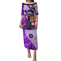 Fiji Australia Rugby Puletasi Kangaroo and Palm Tree Purple Tapa Pattern Mix Aboriginal LT03 Long Dress Purple - Polynesian Pride