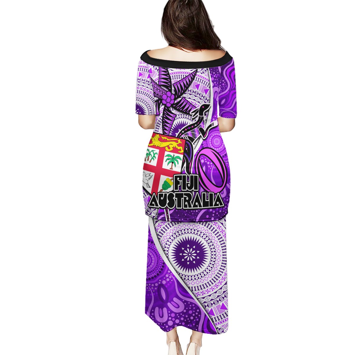 Fiji Australia Rugby Puletasi Kangaroo and Palm Tree Purple Tapa Pattern Mix Aboriginal LT03 - Polynesian Pride