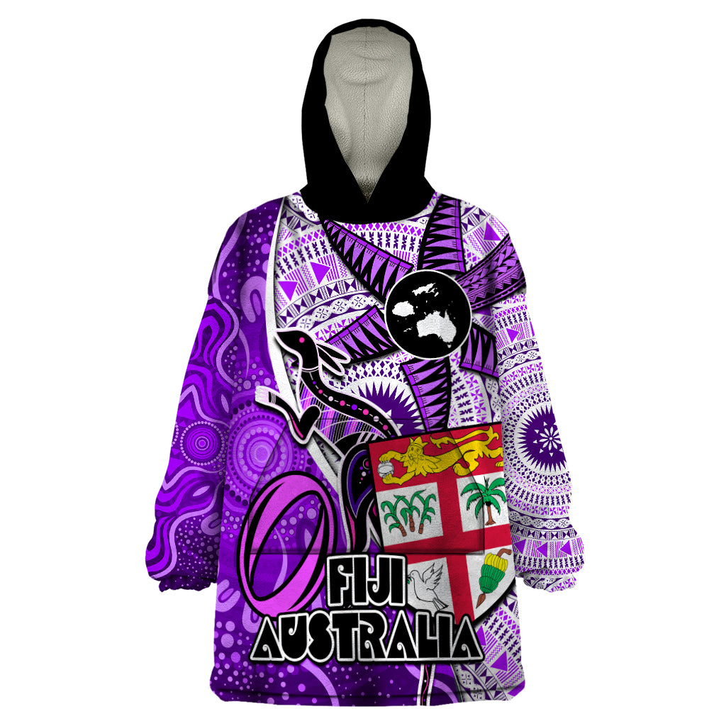 Fiji Australia Rugby Wearable Blanket Hoodie Kangaroo and Palm Tree Purple Tapa Pattern Mix Aboriginal LT03 One Size Purple - Polynesian Pride