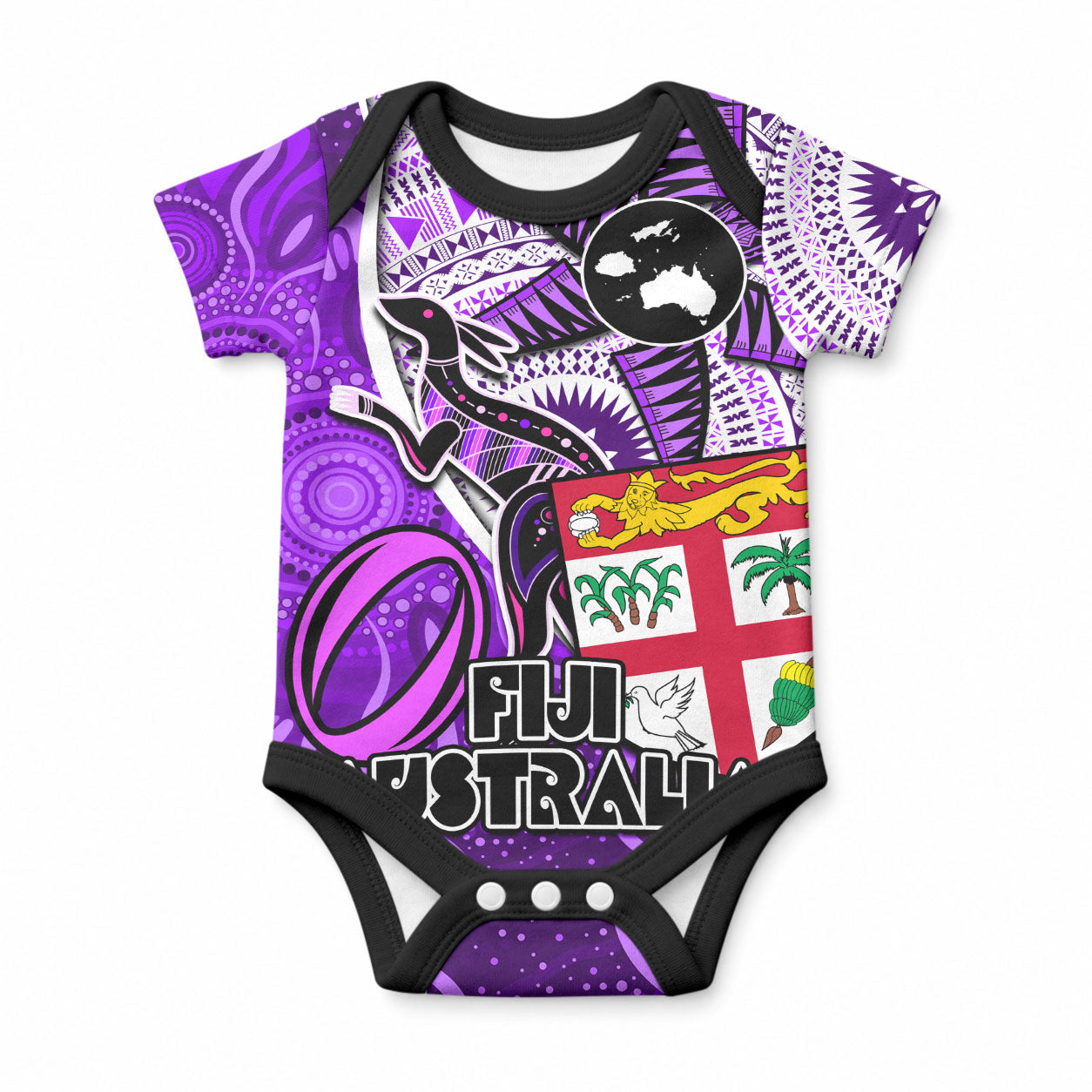 Personalised Fiji Australia Rugby Baby Onesie Kangaroo and Palm Tree Purple Tapa Pattern Mix Aboriginal LT03 Purple - Polynesian Pride