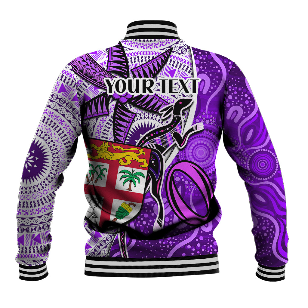 Personalised Fiji Australia Rugby Baseball Jacket Kangaroo and Palm Tree Purple Tapa Pattern Mix Aboriginal LT03 - Polynesian Pride