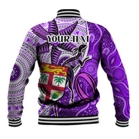Personalised Fiji Australia Rugby Baseball Jacket Kangaroo and Palm Tree Purple Tapa Pattern Mix Aboriginal LT03 - Polynesian Pride