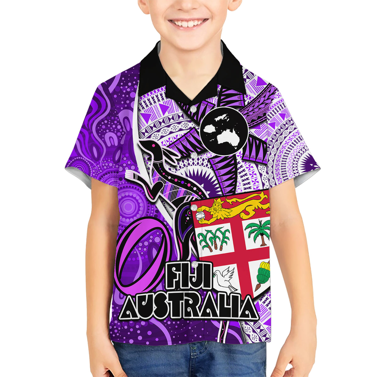 Personalised Fiji Australia Rugby Kid Hawaiian Shirt Kangaroo and Palm Tree Purple Tapa Pattern Mix Aboriginal LT03 Kid Purple - Polynesian Pride