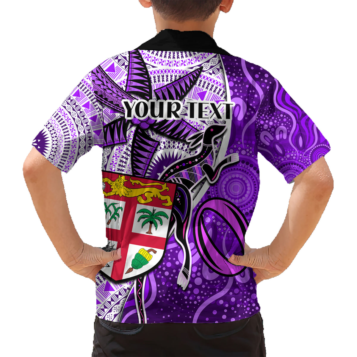 Personalised Fiji Australia Rugby Kid Hawaiian Shirt Kangaroo and Palm Tree Purple Tapa Pattern Mix Aboriginal LT03 - Polynesian Pride