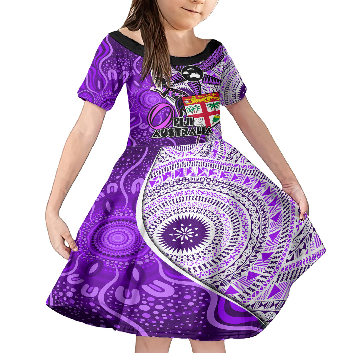 Personalised Fiji Australia Rugby Kid Short Sleeve Dress Kangaroo and Palm Tree Purple Tapa Pattern Mix Aboriginal LT03 KID Purple - Polynesian Pride