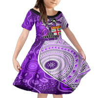 Personalised Fiji Australia Rugby Kid Short Sleeve Dress Kangaroo and Palm Tree Purple Tapa Pattern Mix Aboriginal LT03 KID Purple - Polynesian Pride
