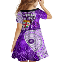 Personalised Fiji Australia Rugby Kid Short Sleeve Dress Kangaroo and Palm Tree Purple Tapa Pattern Mix Aboriginal LT03 - Polynesian Pride
