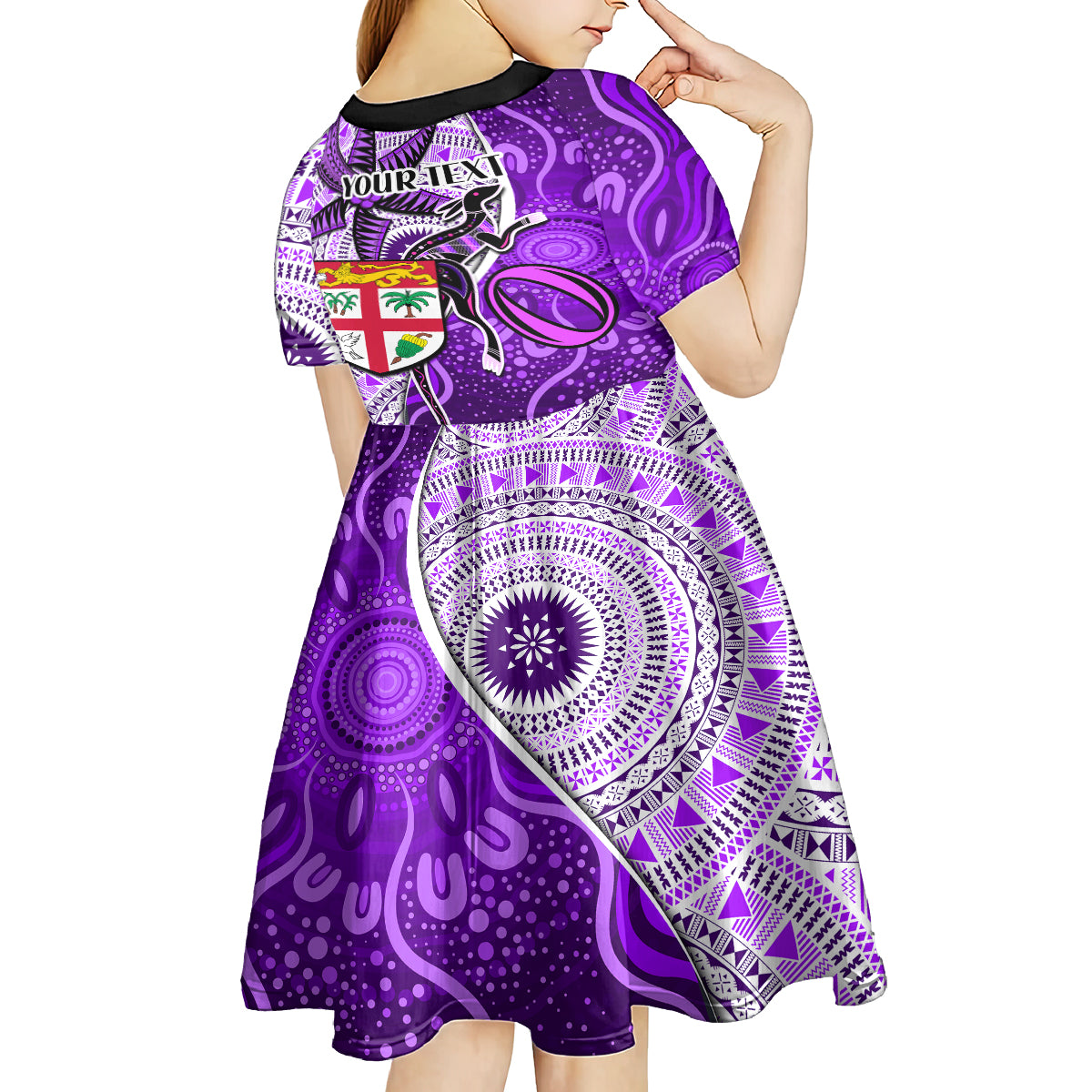 Personalised Fiji Australia Rugby Kid Short Sleeve Dress Kangaroo and Palm Tree Purple Tapa Pattern Mix Aboriginal LT03 - Polynesian Pride