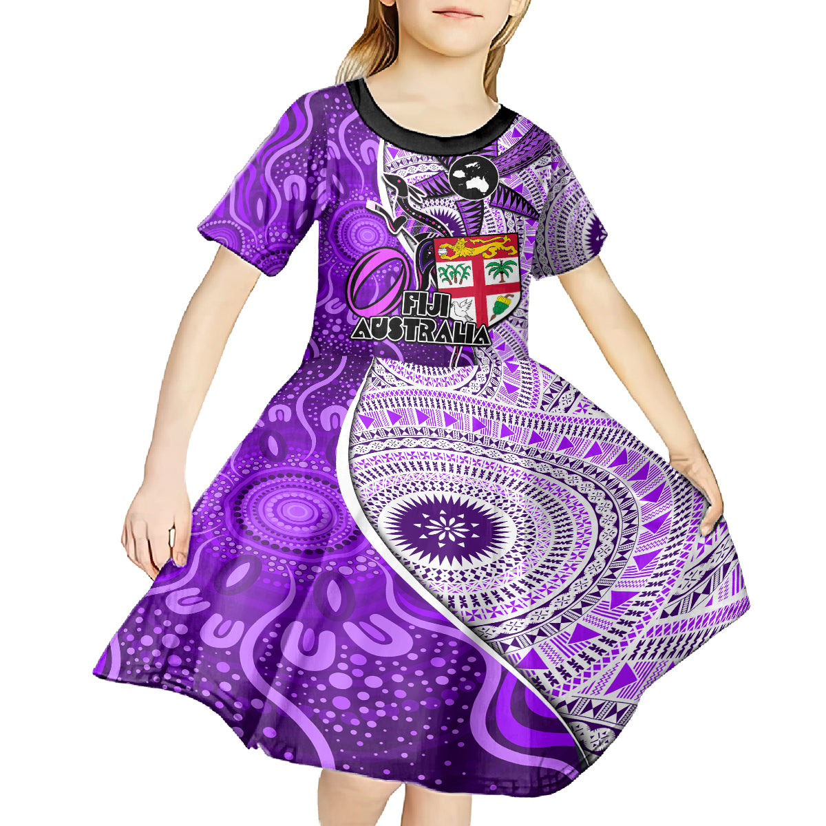 Personalised Fiji Australia Rugby Kid Short Sleeve Dress Kangaroo and Palm Tree Purple Tapa Pattern Mix Aboriginal LT03 - Polynesian Pride