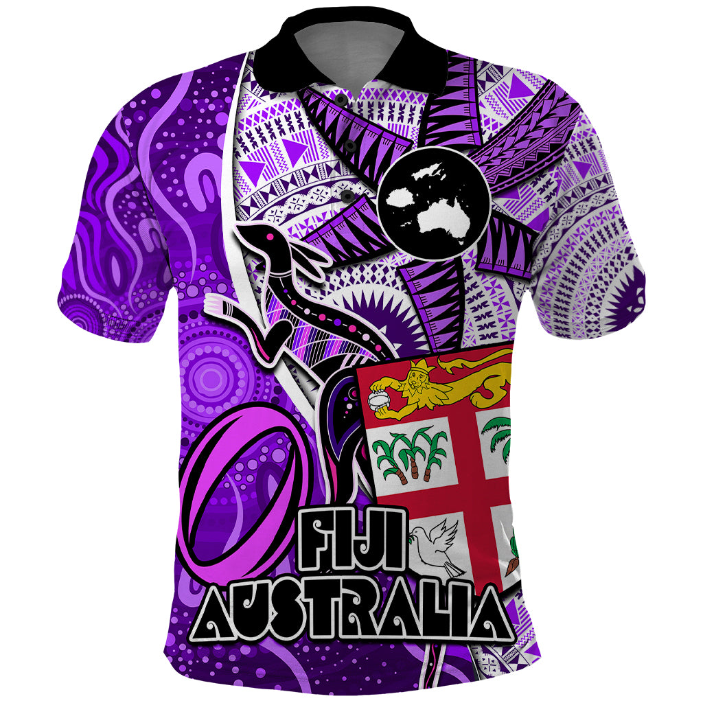 Personalised Fiji Australia Rugby Polo Shirt Kangaroo and Palm Tree Purple Tapa Pattern Mix Aboriginal LT03 Purple - Polynesian Pride