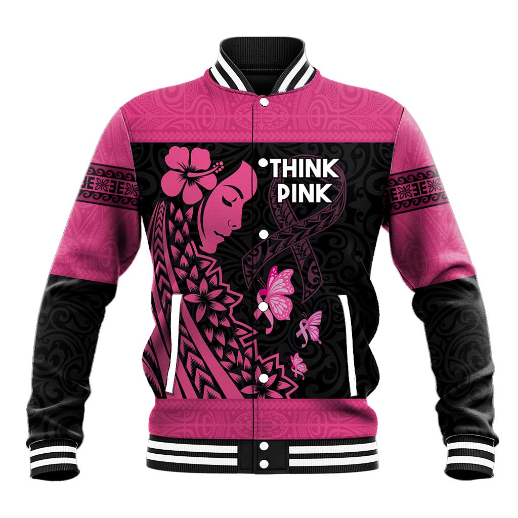 Breast Cancer Awareness Baseball Jacket Think Pink Polynesian Ribbon and Butterfly LT03 Unisex Pink - Polynesian Pride