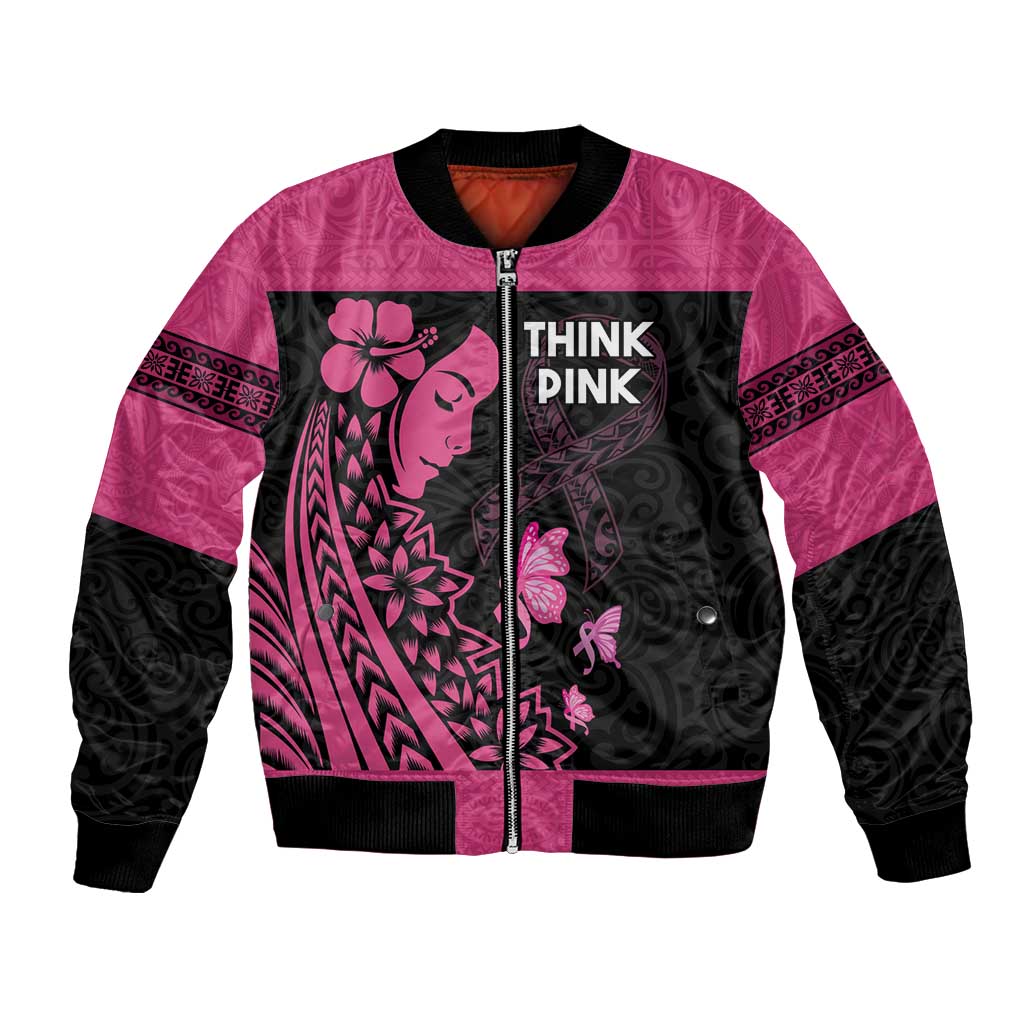 Breast Cancer Awareness Bomber Jacket Think Pink Polynesian Ribbon and Butterfly