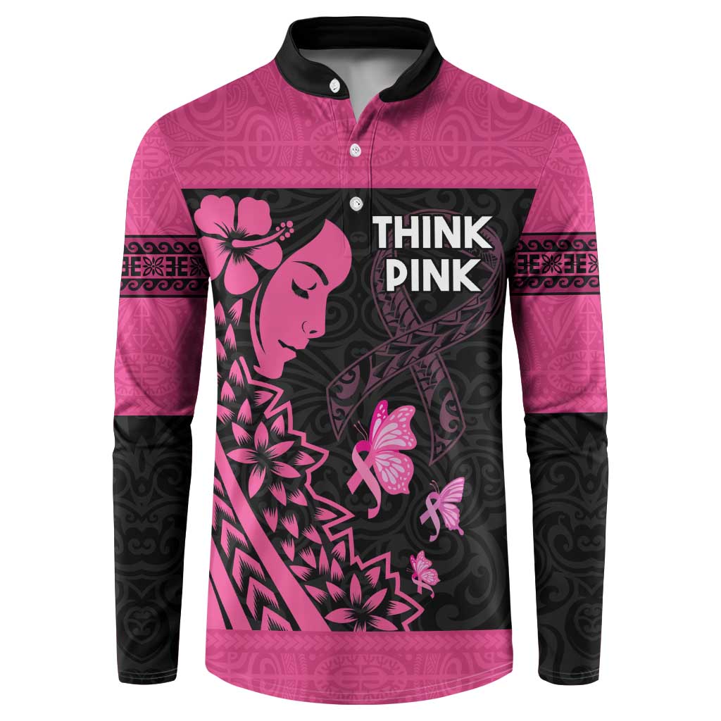 Breast Cancer Awareness Button Sweatshirt Think Pink Polynesian Ribbon and Butterfly