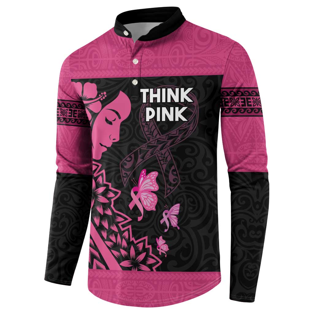 Breast Cancer Awareness Button Sweatshirt Think Pink Polynesian Ribbon and Butterfly LT03 - Polynesian Pride