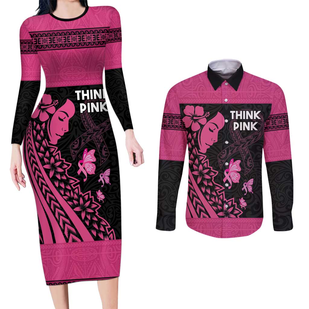 Breast Cancer Awareness Couples Matching Long Sleeve Bodycon Dress and Long Sleeve Button Shirt Think Pink Polynesian Ribbon and Butterfly