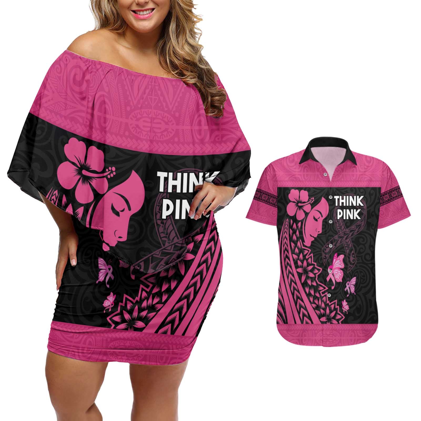 Breast Cancer Awareness Couples Matching Off Shoulder Short Dress and Hawaiian Shirt Think Pink Polynesian Ribbon and Butterfly