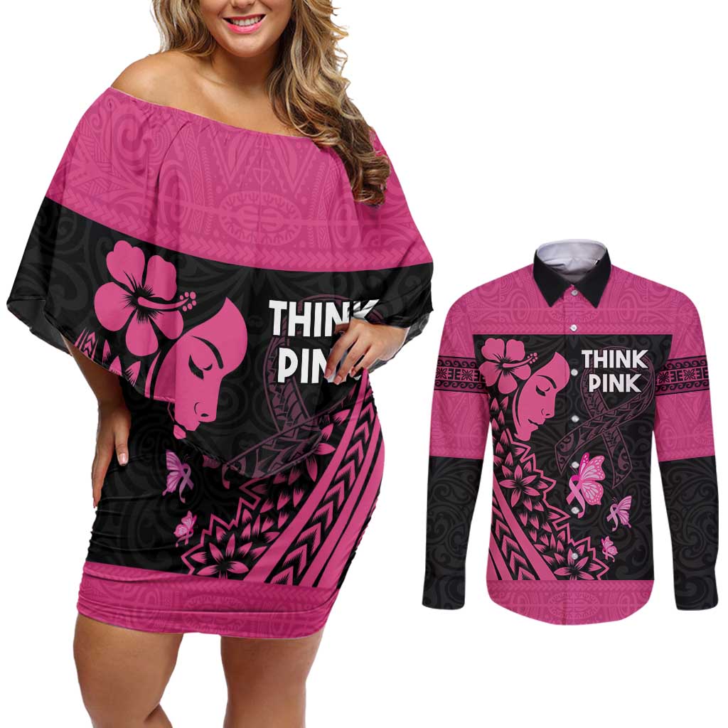 Breast Cancer Awareness Couples Matching Off Shoulder Short Dress and Long Sleeve Button Shirt Think Pink Polynesian Ribbon and Butterfly