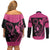 Breast Cancer Awareness Couples Matching Off Shoulder Short Dress and Long Sleeve Button Shirt Think Pink Polynesian Ribbon and Butterfly