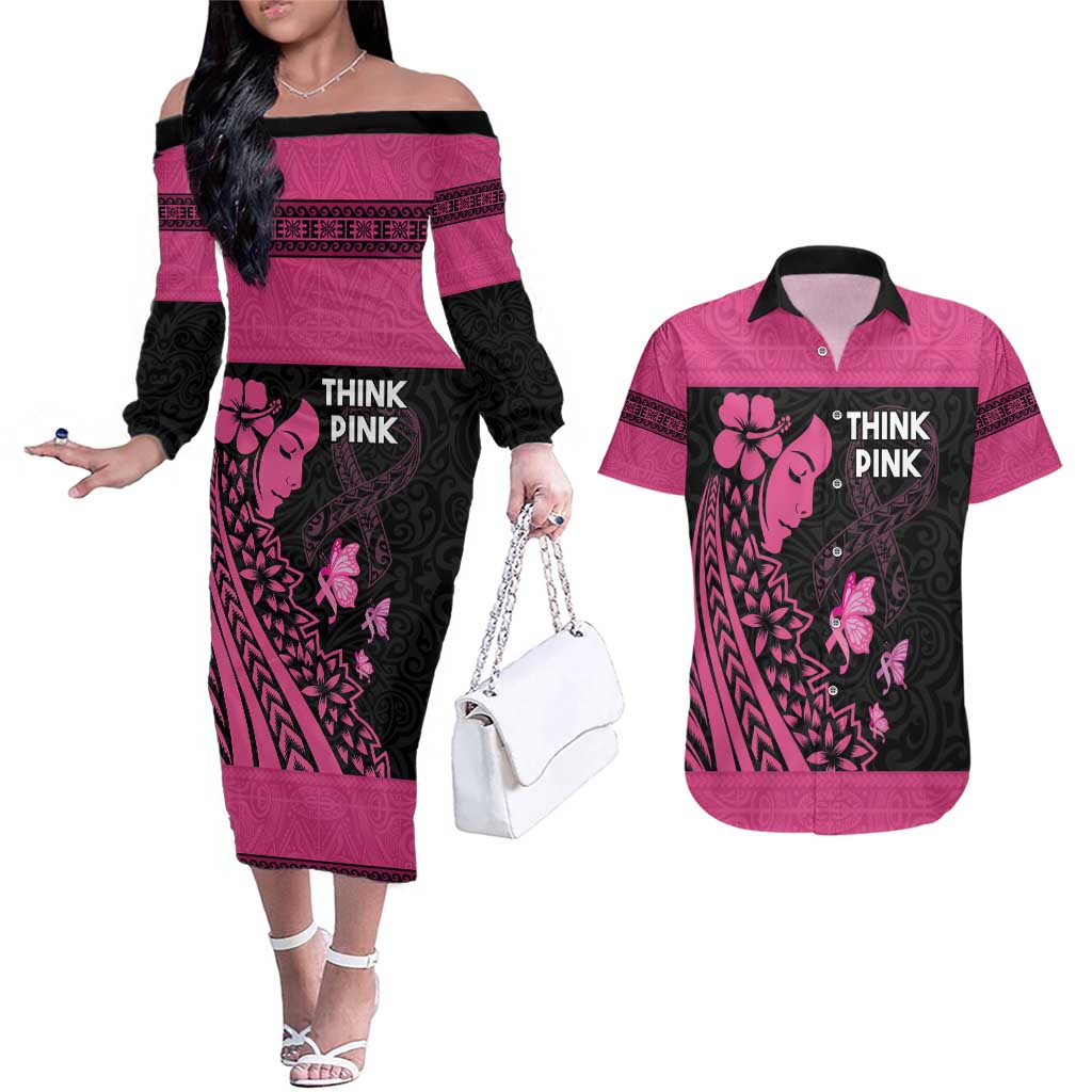 Breast Cancer Awareness Couples Matching Off The Shoulder Long Sleeve Dress and Hawaiian Shirt Think Pink Polynesian Ribbon and Butterfly