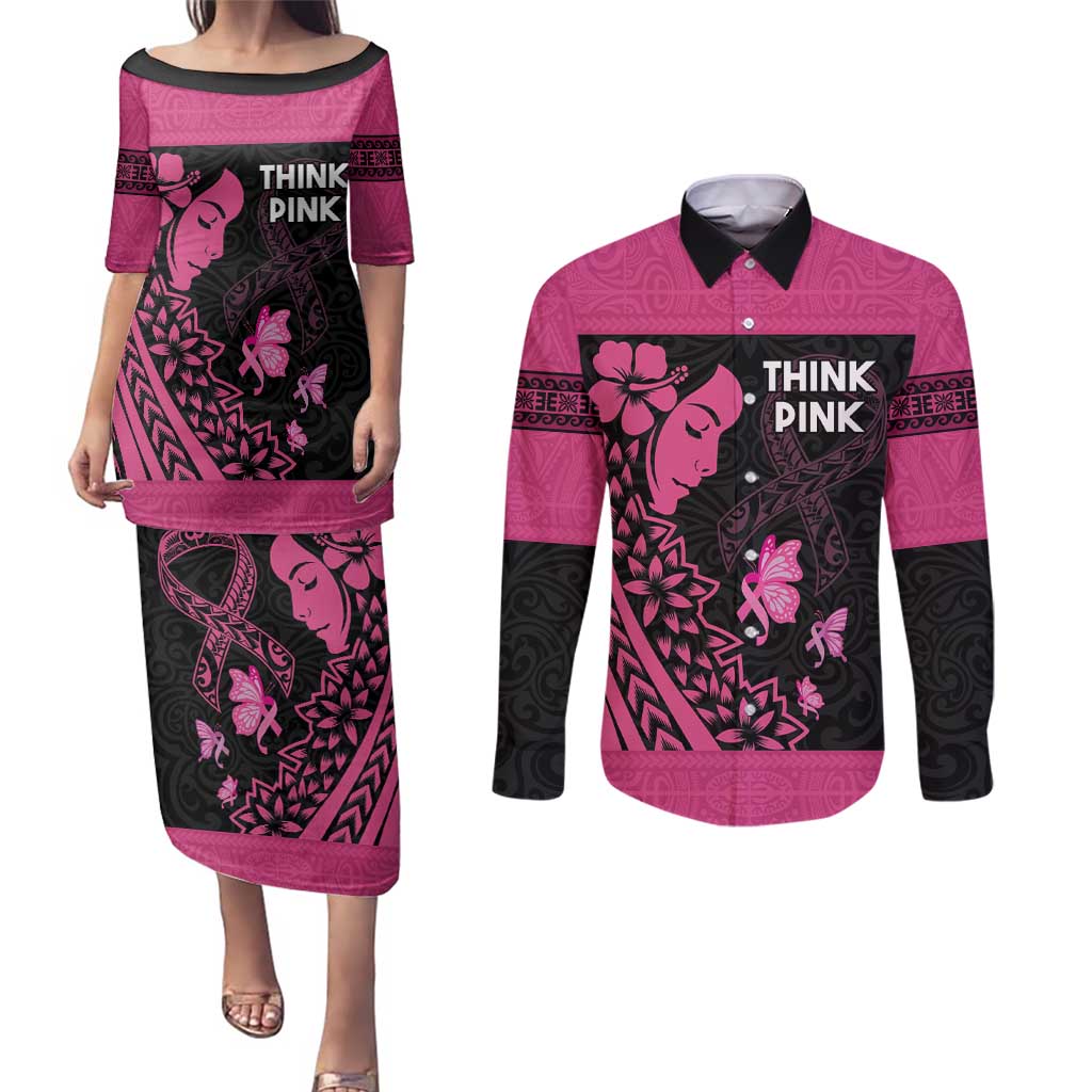 Breast Cancer Awareness Couples Matching Puletasi and Long Sleeve Button Shirt Think Pink Polynesian Ribbon and Butterfly