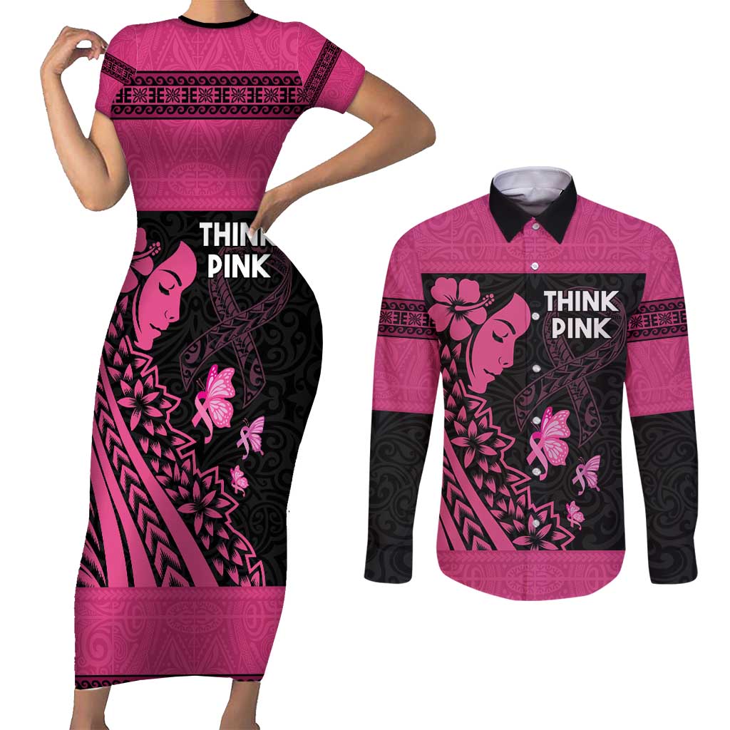 Breast Cancer Awareness Couples Matching Short Sleeve Bodycon Dress and Long Sleeve Button Shirt Think Pink Polynesian Ribbon and Butterfly