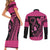 Breast Cancer Awareness Couples Matching Short Sleeve Bodycon Dress and Long Sleeve Button Shirt Think Pink Polynesian Ribbon and Butterfly