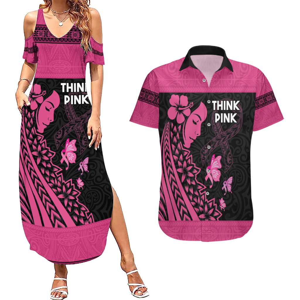 Breast Cancer Awareness Couples Matching Summer Maxi Dress and Hawaiian Shirt Think Pink Polynesian Ribbon and Butterfly