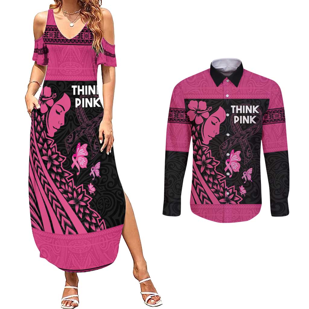 Breast Cancer Awareness Couples Matching Summer Maxi Dress and Long Sleeve Button Shirt Think Pink Polynesian Ribbon and Butterfly