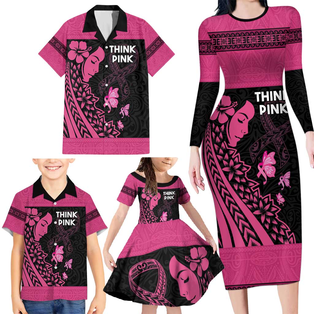 Breast Cancer Awareness Family Matching Long Sleeve Bodycon Dress and Hawaiian Shirt Think Pink Polynesian Ribbon and Butterfly