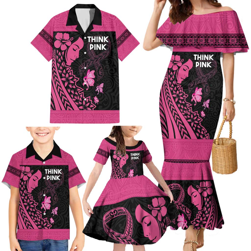 Breast Cancer Awareness Family Matching Mermaid Dress and Hawaiian Shirt Think Pink Polynesian Ribbon and Butterfly