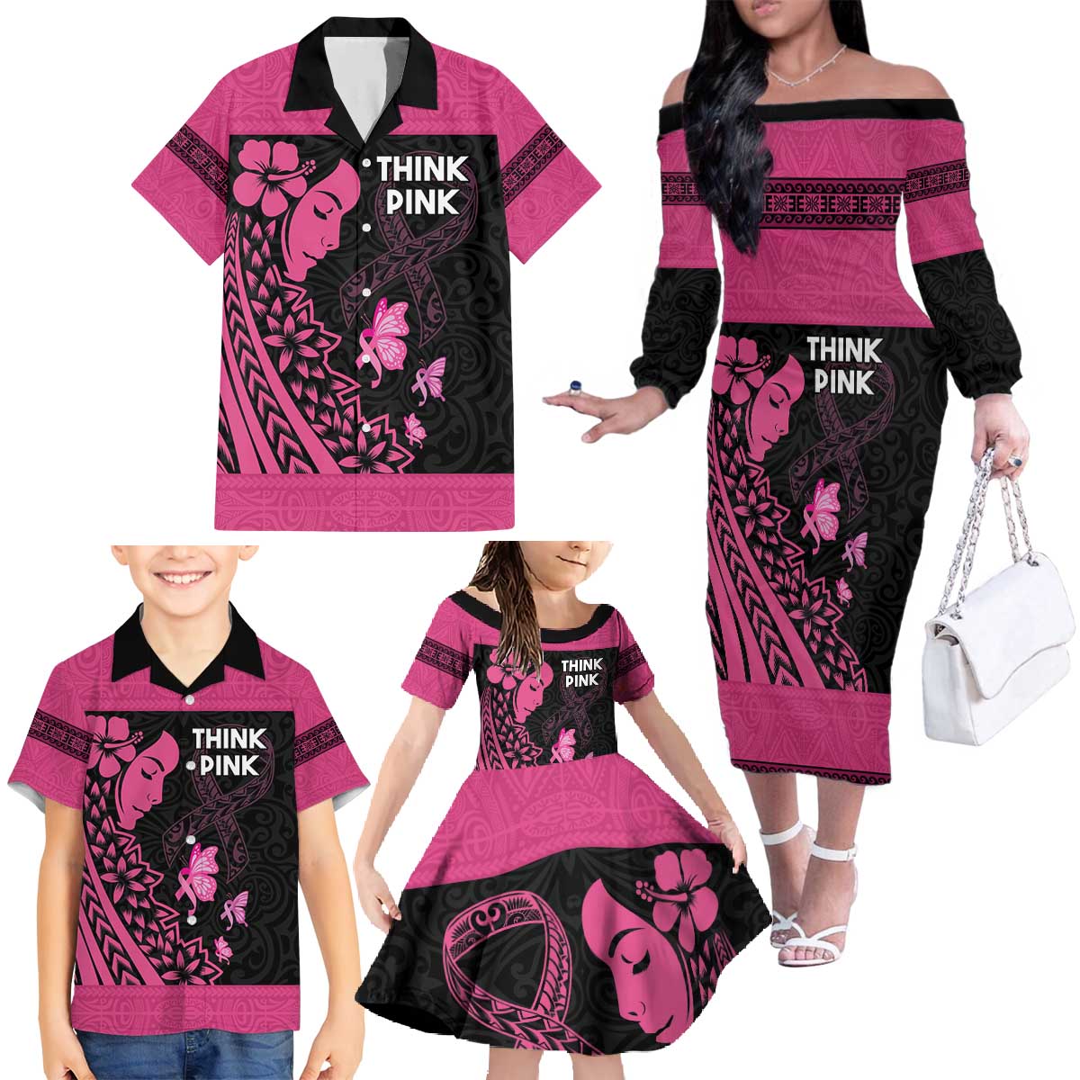 Breast Cancer Awareness Family Matching Off The Shoulder Long Sleeve Dress and Hawaiian Shirt Think Pink Polynesian Ribbon and Butterfly