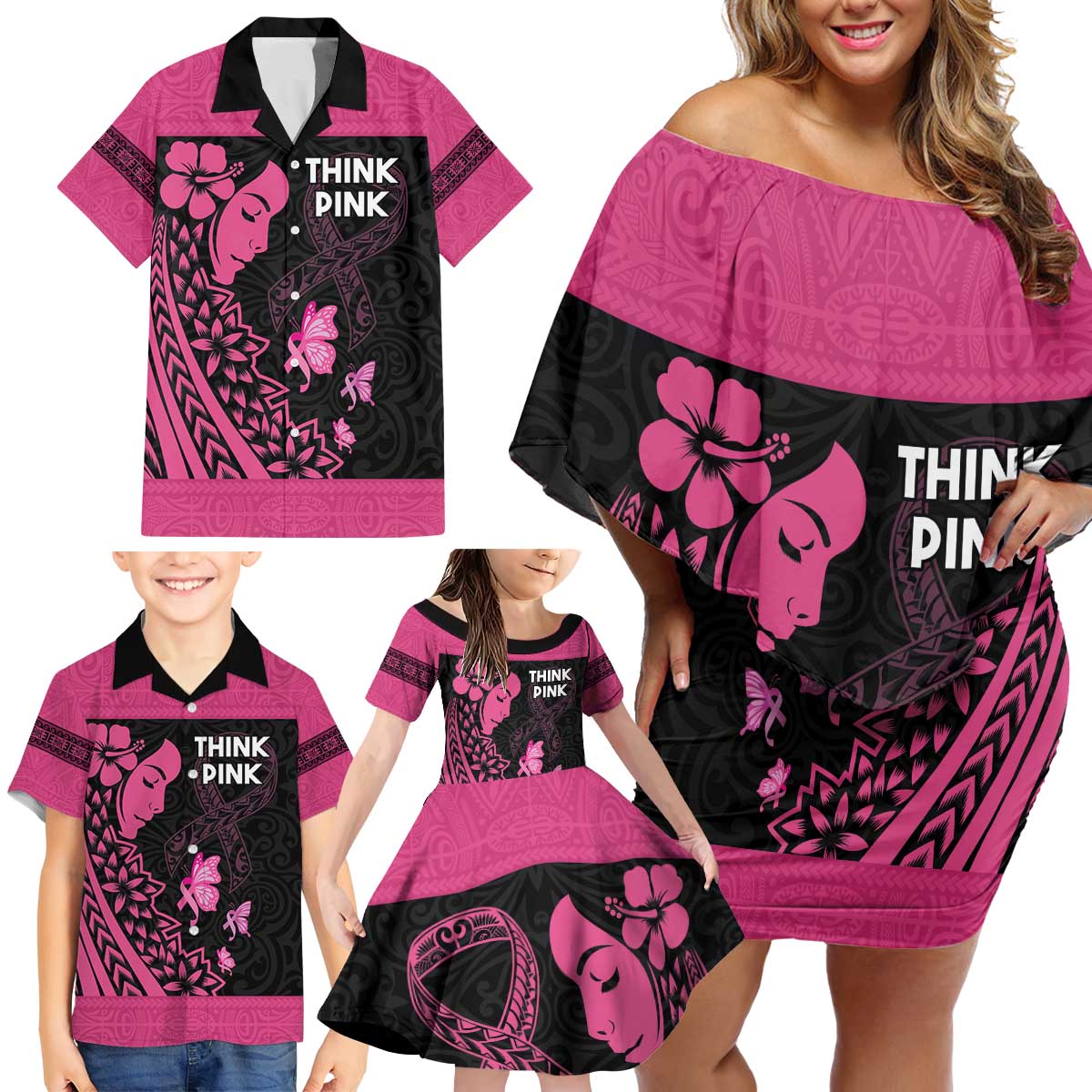 Breast Cancer Awareness Family Matching Off Shoulder Short Dress and Hawaiian Shirt Think Pink Polynesian Ribbon and Butterfly