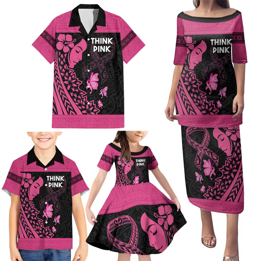 Breast Cancer Awareness Family Matching Puletasi and Hawaiian Shirt Think Pink Polynesian Ribbon and Butterfly