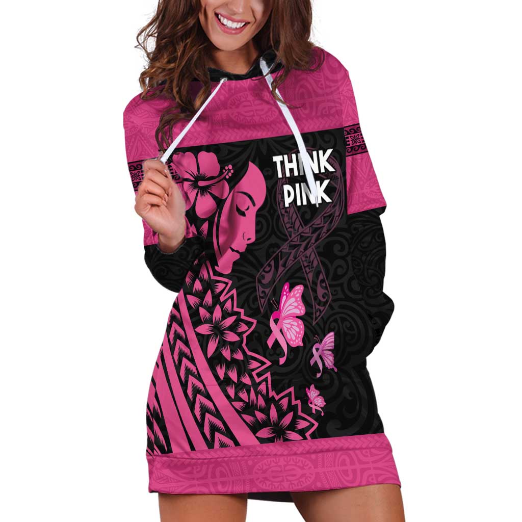 Breast Cancer Awareness Hoodie Dress Think Pink Polynesian Ribbon and Butterfly