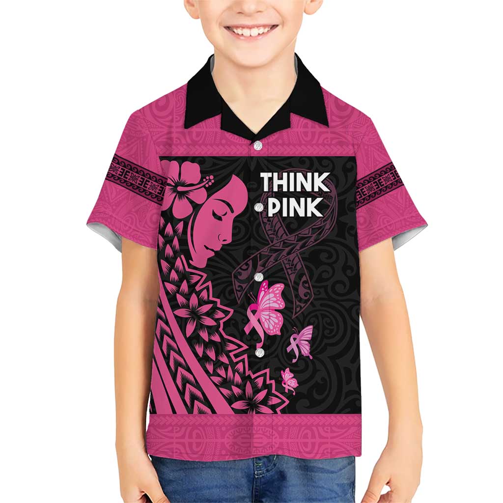 Breast Cancer Awareness Kid Hawaiian Shirt Think Pink Polynesian Ribbon and Butterfly