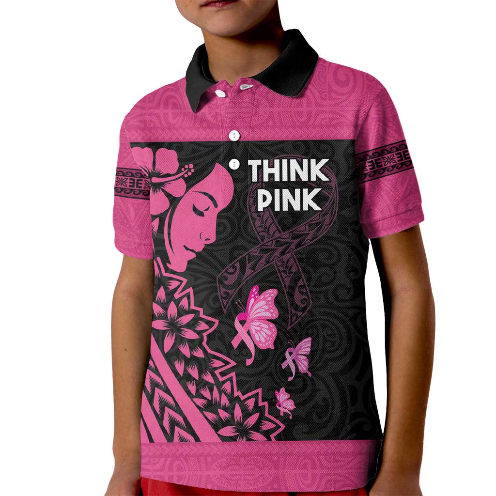 Breast Cancer Awareness Kid Polo Shirt Think Pink Polynesian Ribbon and Butterfly