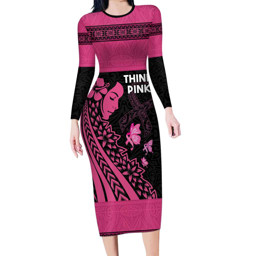 Breast Cancer Awareness Long Sleeve Bodycon Dress Think Pink Polynesian Ribbon and Butterfly