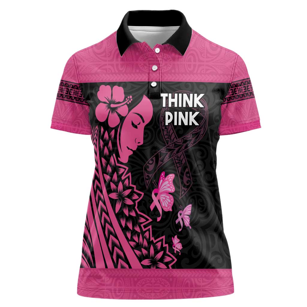 Breast Cancer Awareness Women Polo Shirt Think Pink Polynesian Ribbon and Butterfly