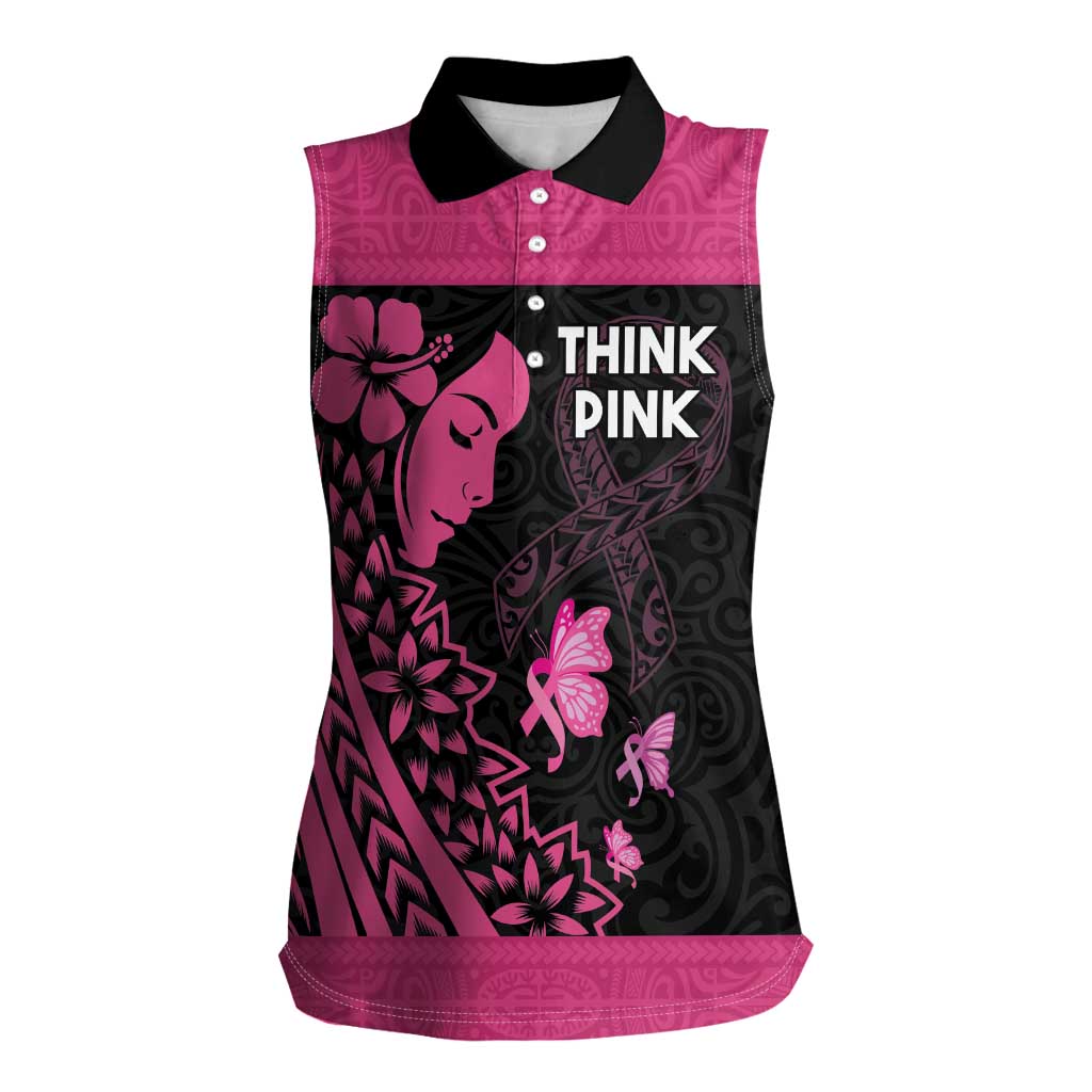 Breast Cancer Awareness Women Sleeveless Polo Shirt Think Pink Polynesian Ribbon and Butterfly