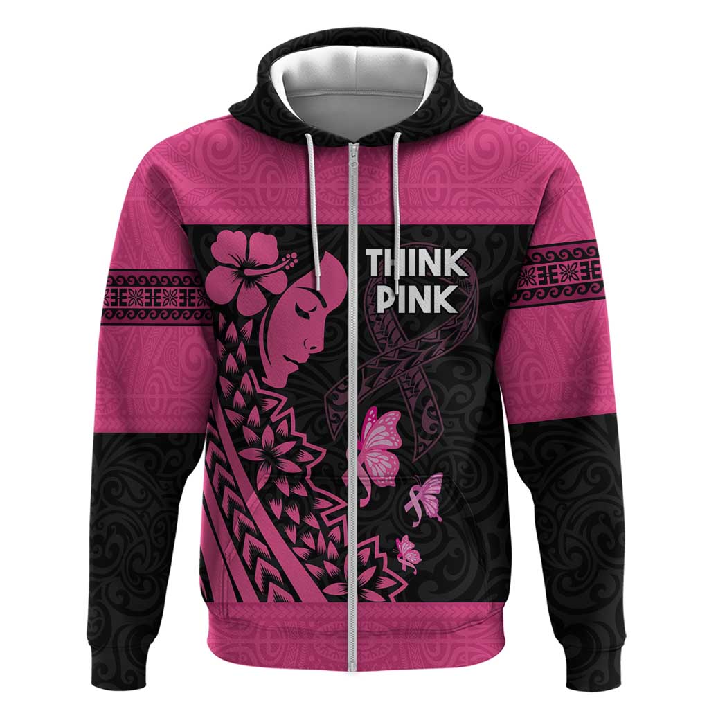 Breast Cancer Awareness Zip Hoodie Think Pink Polynesian Ribbon and Butterfly